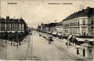 1915 Temesvár, Timisoara; Kossuth utca, Küttl tér, villamos, sörcsarnok, Keppich Adolf üzlete / square, street, tram, beer hall (EK)
