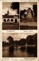 1935 Dömsöd, Országzászló, Hősök szobra, emlékmű, Petőfi strandfürdő, fürdőzők (EB)