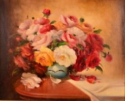 Púza Sándor (?-?): Virágos csendélet, olaj, vászon, jelzett, fa keretben, 49×59 cm