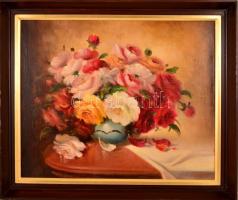Púza Sándor (?-?): Virágos csendélet, olaj, vászon, jelzett, fa keretben, 49×59 cm