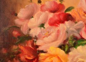 Púza Sándor (?-?): Virágos csendélet, olaj, vászon, jelzett, fa keretben, 49×59 cm