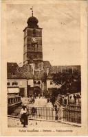 Nagyszeben, Hermannstadt, Sibiu; Tanácsostorony, üzlet. Jos. Drotleff / Ratturm / Turnul Consiliului / town hall's tower, shop (EK)