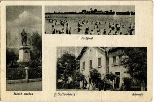 Soltvadkert, Petőfi tó, strand, fürdőzők, Hősök szobra, emlékmű, Vasútállomás. Kiadja Csóti Ferenc (fa)