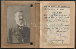1913 Magyar Királyi Államvasutak (MÁV) félárú jegy váltására jogosító fényképes igazolvány egészbőr-kötésben,