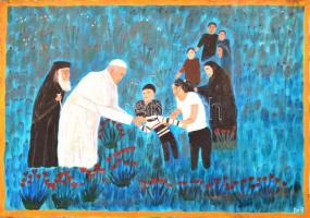 Jelzés nélkül: Ferenc pápa görögországi (Leszbosz) menekültekkel találkozik (naív festmény). Olaj, vászon (sérült), 50×70 cm