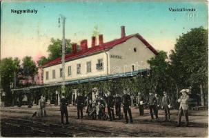 1914 Nagymihály, Michalovce; Vasútállomás, vasutasok, hajtány / Bahnhof / railway station, handcar, railwaymen (r)