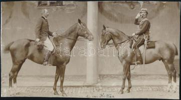 cca 1900 Arthur Kottas von Heldenberg (?-?) huszár százados tisztjével, m. kir. varasdi 10. honvéd huszárezred tagjával, fotó kartonra kasírozva, kopott feliratozással, körbevágva, a felülete sérült, kopott, 10x18 cm. /  cca 1900 Arthur Kottas von Heldenberg (?-?) rittmeister (cavalry captain), with his army officier, the member of the 10th Varazdin Honved Hussars, photo on board, with writings, cropped, with worn and damaged on the surface, 10x18 cm.
