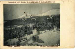 1910 Tátralomnic, Tatranská Lomnica (Tátra, Magas Tátra, Vysoké Tatry); Kilátás a Palace szállódából. Felvétetett 1906. január 12-én éjfél után 1 órakor holdfénynél / winter view from Hotel Palace. Taken on 12 January 1906 at 1 AM in moonlight (fl)