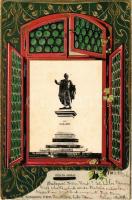 Budapest V. Eötvös József szobor.H. Kampmann kiadása, Dombornyomott szecessziós litho keret / Emb. Art Nouveau litho