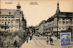 Budapest II. Margit körút, háttérben a Rózsadomb, villamosok, Margit Park Kávéház. Taussig A. TCV card