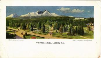 Tátralomnic, Tatranská Lomnica (Tátra, Magas Tátra, Vysoké Tatry); látkép. Kiadja A. Chytil / general view, park (16 cm x 9 cm) (EB)