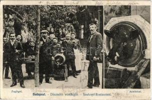 1910 Budapest XII. Zugliget, Disznófő vendéglő, kert sörös hordóval, muzsikusok cimbalommal (EK)