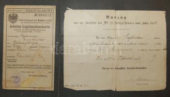 1911 Német egészségügyi igazolás és 1914-es munkakönyv izraelita vallású magyar állampolgár részére