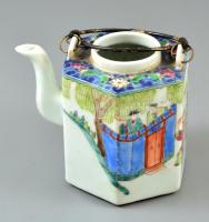 Kínai "Famille Verte" teás kanna, fedő nélkül, kézzel festett, apró kopásnyomokkal, m:13,5...