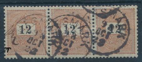 1889 12kr hármascsík összefüggő típusokkal, lemezhibával