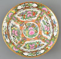 Jelzett kínai "Famille rose" tál, kézzel festett, apró kopásnyomokkal, d: 20 cm