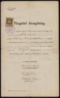 1906-1921 2 db okmány: vizsgálati bizonyítvány, fizetésemelési értesítő; okmánybélyeggel