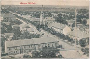 Gyoma, látkép a templommal. leporellolap a vasútállomással. Szilágyi István kiadása
