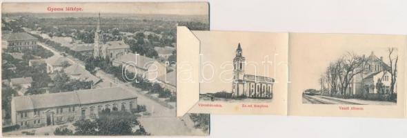 Gyoma, látkép a templommal. leporellolap a vasútállomással. Szilágyi István kiadása