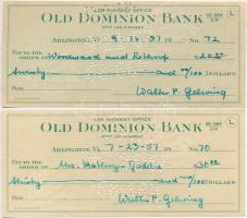 Amerikai Egyesült Államok / Virginia 1957. Old Dominion Bank csekk (2x) hátoldalon bélyegzett, perforált T:III USA / Virgina 1957. Old Dominon Bank cheque (2x) overprint on backside, perforated C:F