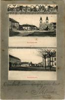 1906 Celldömölk, Gyarmathy tér, templom, üzletek. Kiadja Szagán János (fl)