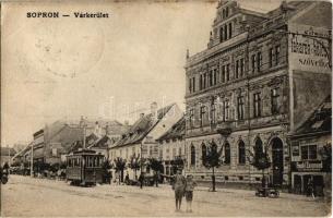 1913 Sopron, Várkerület, villamos, Takarékpénztár, Frankl Zsigmond üzlete. Kiadja Kummert L. utóda 463. (EB)