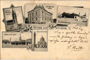 1908 Pancsova, Pancevo; Görögkeleti és görög katolikus templom, Ferenc József tér, Osztrák-magyar bank, Weifert sörgyára / Greek Orthodox and Catholic church, square, Austro-Hungarian bank, brewery. Art Nouveau, floral