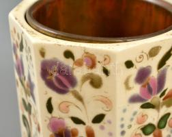 cca 1890 Zsolnay oktagon alakú kis kaspó és tégely, réz henger betéttel, egyik jelzett (családi címe...