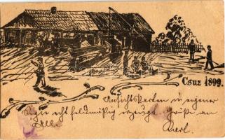 1899 Csúz, Cúz, Dubník; kézzel rajzolt művészlap, gémeskút, gazdasági udvar / hand-drawn art postcard, shadoof, farmstead, farmyard + 2 Kr. Ga. (vágott / cut)