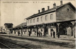 Beregszász, Berehove; MÁV (Magyar Királyi Államvasutak) pályaudvara, vasútállomás, vasutasok / Bahnhof / railway station, railwaymen