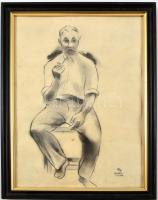 Ducsay Béla(1893-1967): Pipázó öreg. Szén, papír, jelzett, üvegezett keretben 30x20 cm