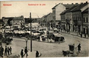 1911 Kolozsvár, Cluj; Széchenyi tér és piac, Lakatos műhely, Burgya Adolf, Csoma J., Kirkósa Gyula üzlete. Kiadja Fabritius Erik és Társa / square, market vendors, shops, locksmith workshop (EK)