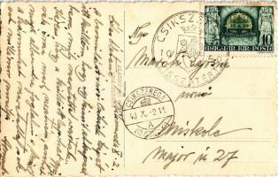 1940 Csíkszereda, Miercurea Ciuc; bevonulás, díszkapu "Isten hozott a Csíki végekre" felir...