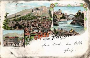 1895 (Vorläufer!) Mostar, Römerbrücke, Hotel Narenta / Roman bridge and hotel. Art Nouveau, floral, litho (worn edges)