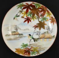 Jelzett japán "Satsuma" mokkás csésze és alj párban, kézzel festett, apró kopásnyomokkal, ...