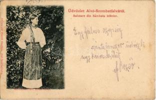 1911 Alsószombatfalva, Sambata de Jos; Salutare din Sambata inferior / Alsószombatfalvi román leány. Kiadja Ehrenwald Henrik / Transylvanian folklore, Romanian girl in traditional costumes (fl)