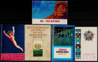 5 db MODERN szovjet képeslapfüzet összesen 77 képeslappal: kitüntetések, Apollo űrprogram, Jurij Gagarin, uralkodói ékszerek / 5 modern Soviet postcard booklets with 77 postcards all together: medals, Apollo spaceprogram, astronauts, royal jewelry
