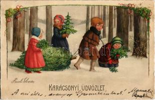 1916 Karácsonyi Üdvözlet / Children art postcard with Christmas greeting s: Pauli Ebner (EK)