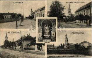 1930 Gyoma, Fő utca, Római katolikus templom főoltára, belső, Ágostai evangélikus és református templom, Körös parti részlet