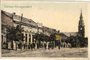 1910 Fehérgyarmat, utca, templom, Városháza, Stern Mór üzlete