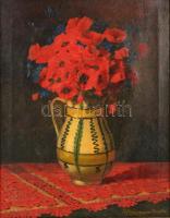 Barabás Reismann Gizella (1893-1985): Pipacsos csendélet, olaj, vászon, jelzett, fa keretben, 43,5×33,5 cm