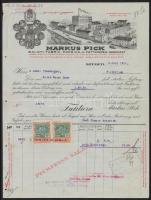 1926 Szeged, Markus Pick Salami-Fabrik, Paprika und Fettwaren-Geschäft fejléces számlája, rajta a gyár képével, okmánybélyegekkel