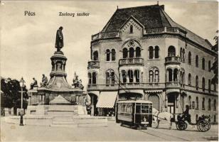 Pécs, Zsolnay szobor, villamos, lovaskocsi