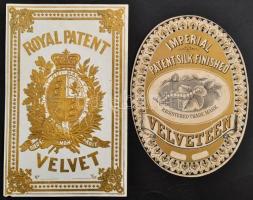 cca 1880 Kettő nagyméretű, dízses selyem címke. 15x20, 16x26 cm / Velvet labels