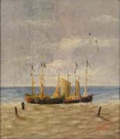 Olvashatatlan jelzéssel: Vitorlások a parton. Olaj, vászon, festék hibákkal, üvegezett keretben, 35×29 cm