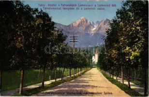 Tátralomnic, Tatranská Lomnica; templom, Lomiczi csúcs. Földes Samu kiadása / church, Lomnicky Stít mountain peak