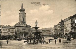 Budapest VIII. Kálvin tér, villamos, Református templom, üzletek, szökőkút (b)