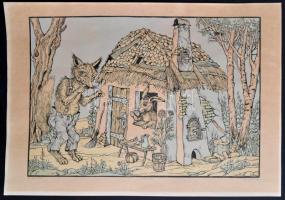 Gácsi Mihály (1926-1987): A házikó. Színes linó (89/100), papír, jelzett, foltos, 45×60 cm