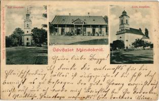 1899 Mándok, Református templom, Római katolikus templom, Mándok és Vidéke községi hitelszövetkezet és fogyasztási áru telepe, üzlet. Fénynyomat Divald műintézetéből (EK)