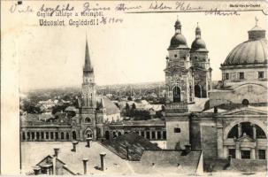 1904 Cegléd, látkép a toronyból, Református Nagytemplom, Evangélikus templom, üzletek. Kiadja Sárik Gyula (EK)